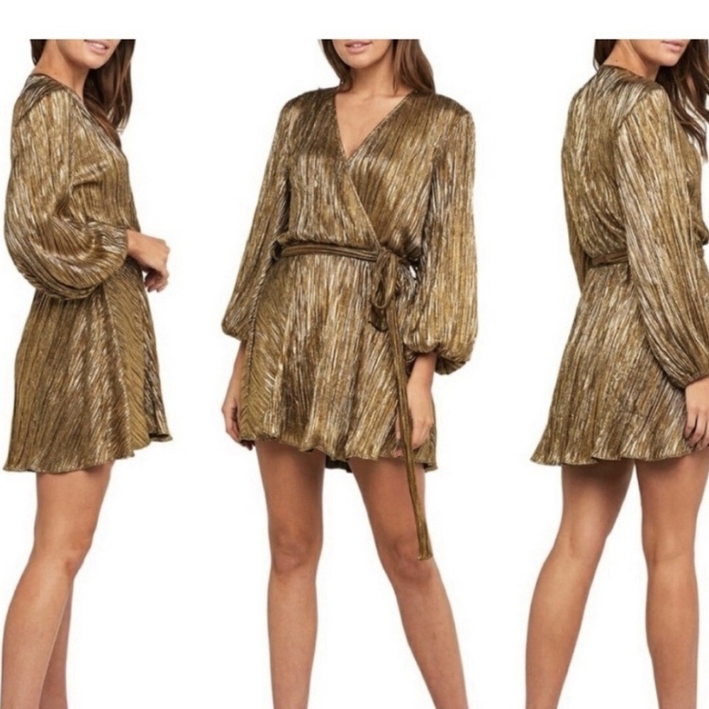 Bardot x Revolve Belissa Pleat Dress Gold Swing  Faux Wrap w Belt Medium 8 *